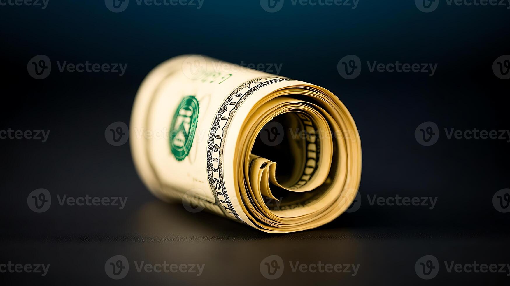 Close-up of a rolled banknote on a dark background, highlighting its texture and details photo