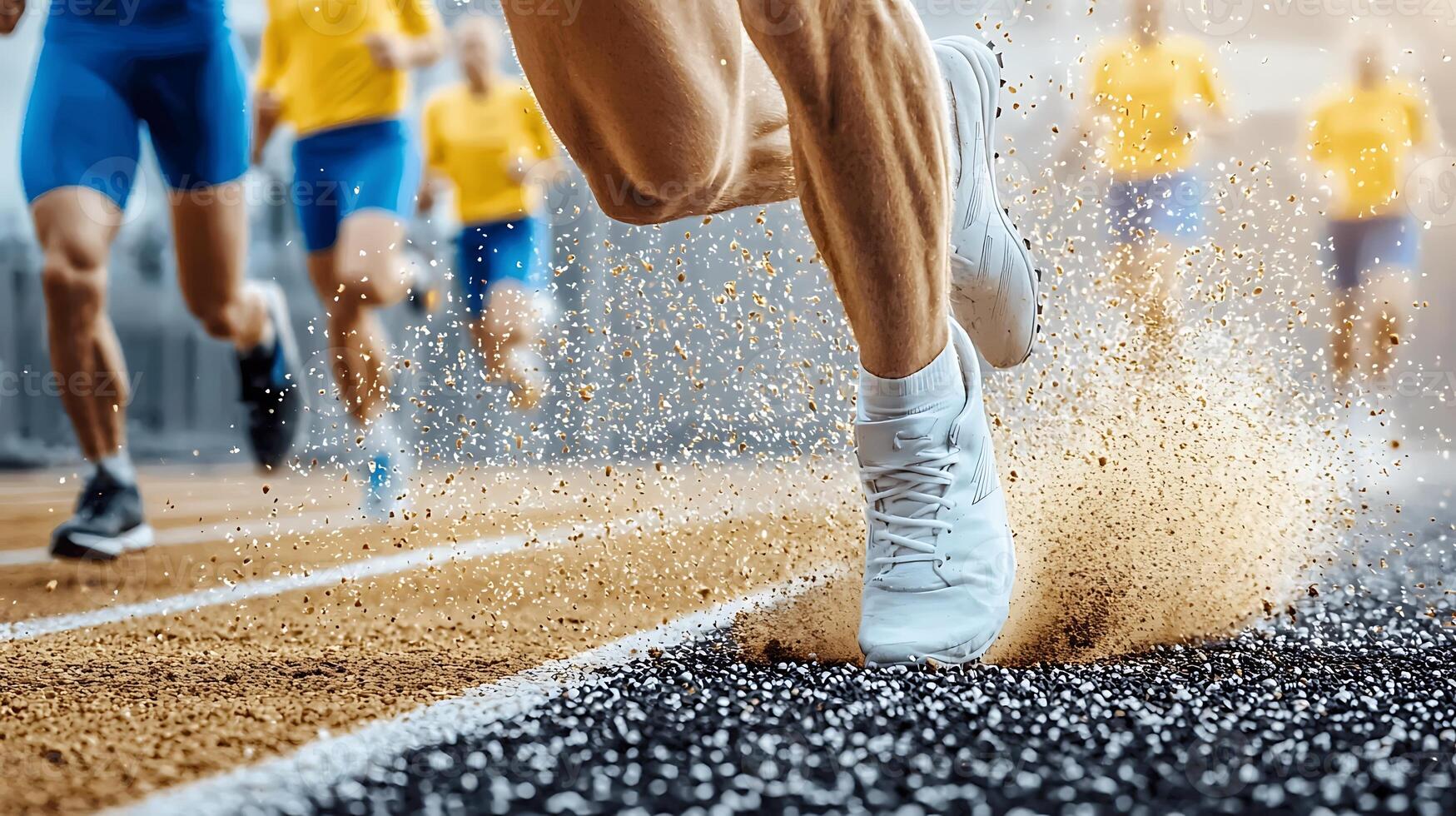 Close-up of a runner's foot kicking up dust on a track, with athletes competing in the background photo