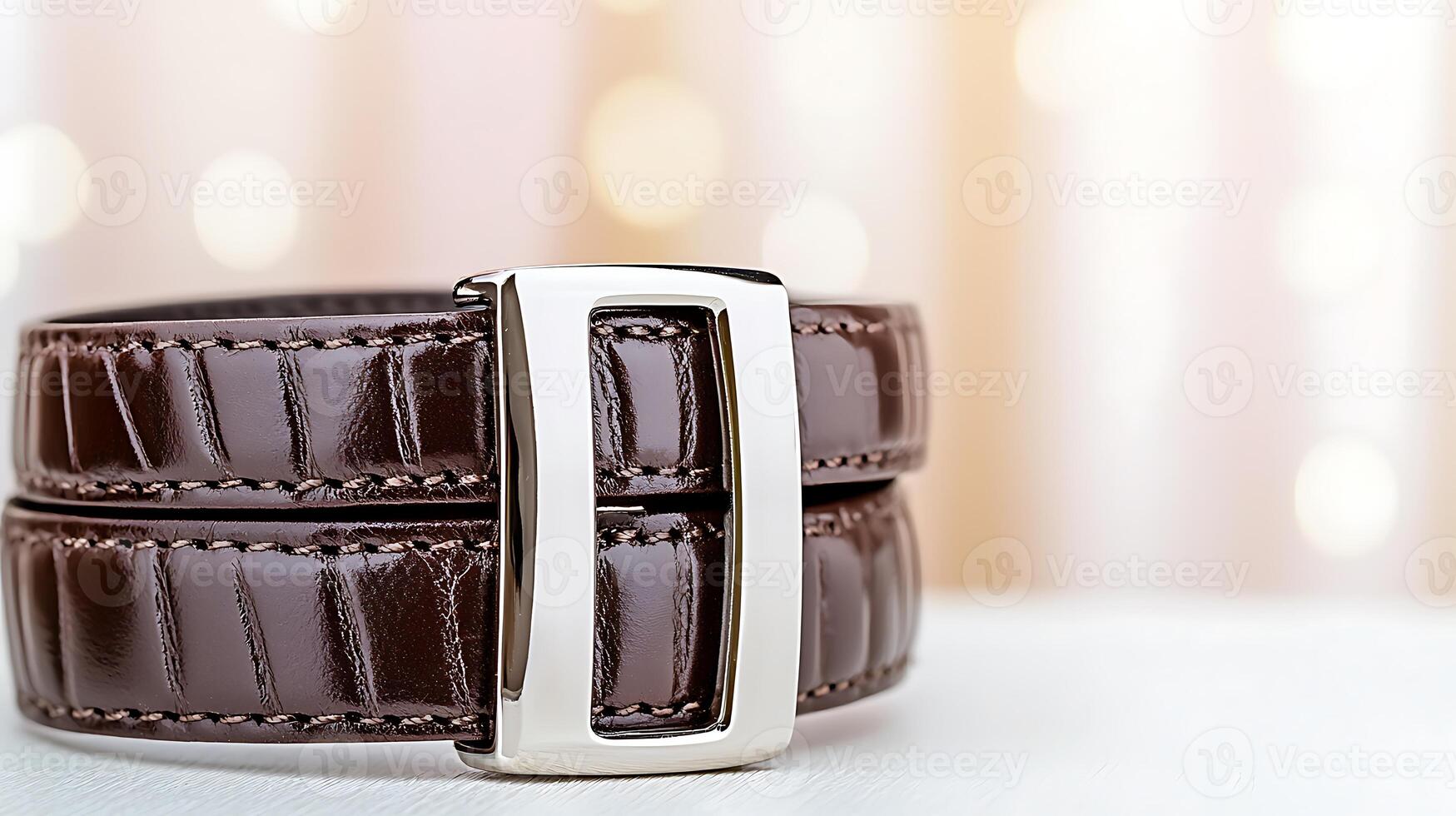 Close-up of a shiny brown leather belt with a silver buckle against a soft, blurred background photo