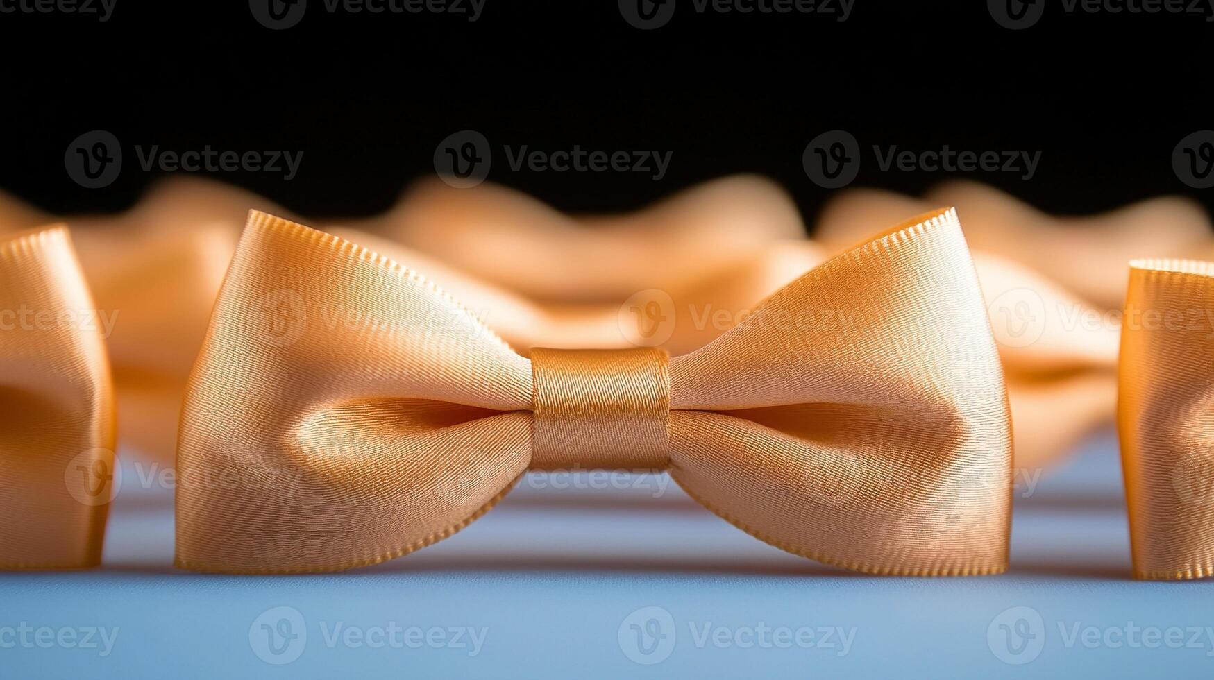 Close-up of a row of elegant peach satin bows arranged neatly on a blue surface, showcasing their texture photo