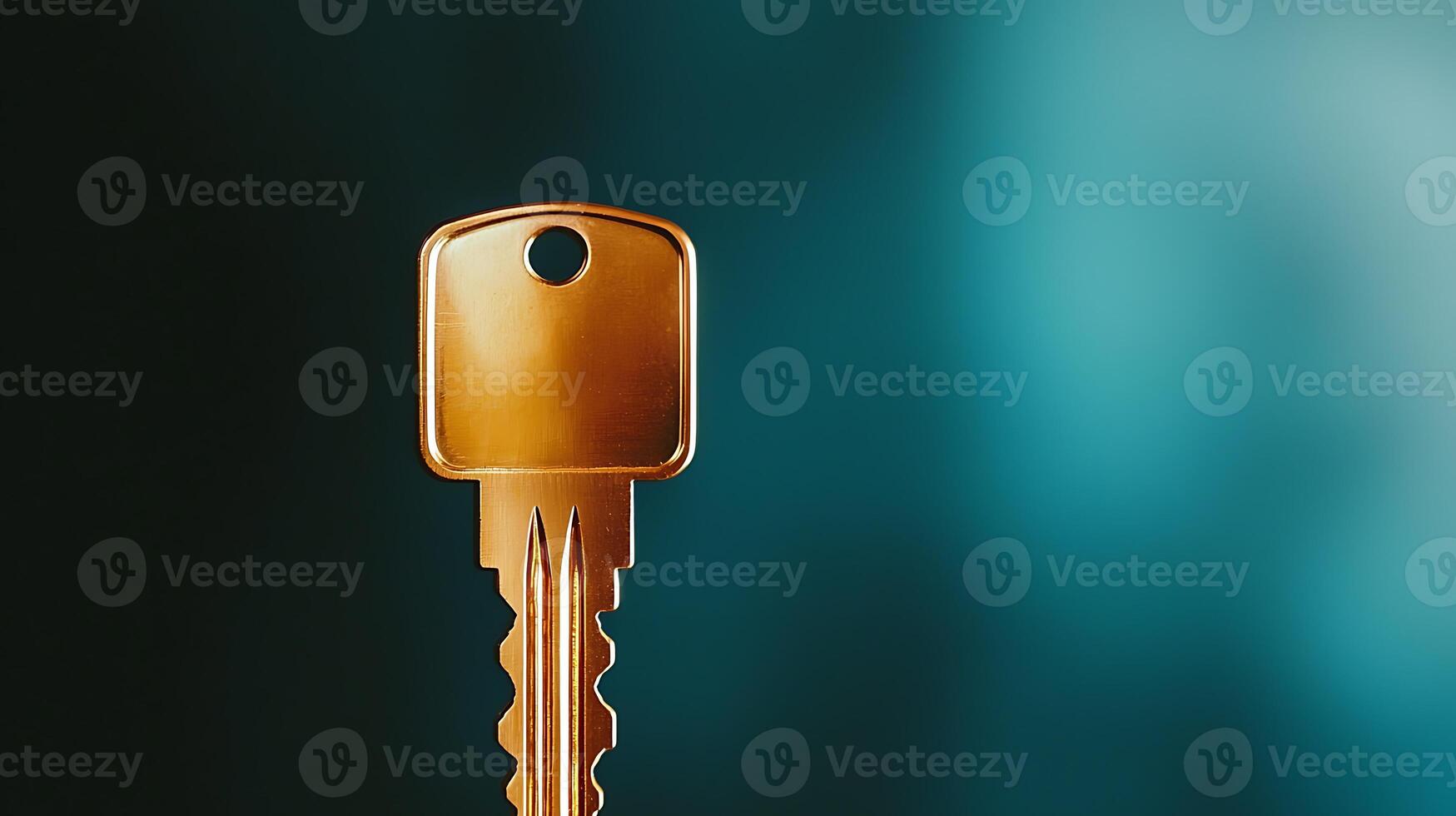 Close-up of a shiny golden key with a blurred blue background, symbolizing access and security photo