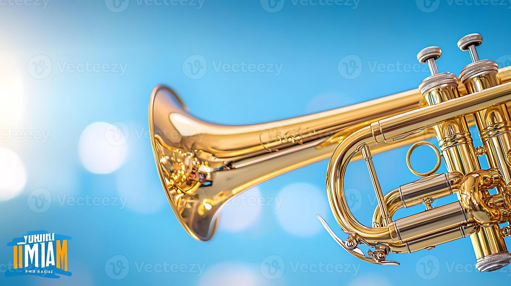 Close-up of a shiny trumpet against a bright blue background with soft bokeh effects photo