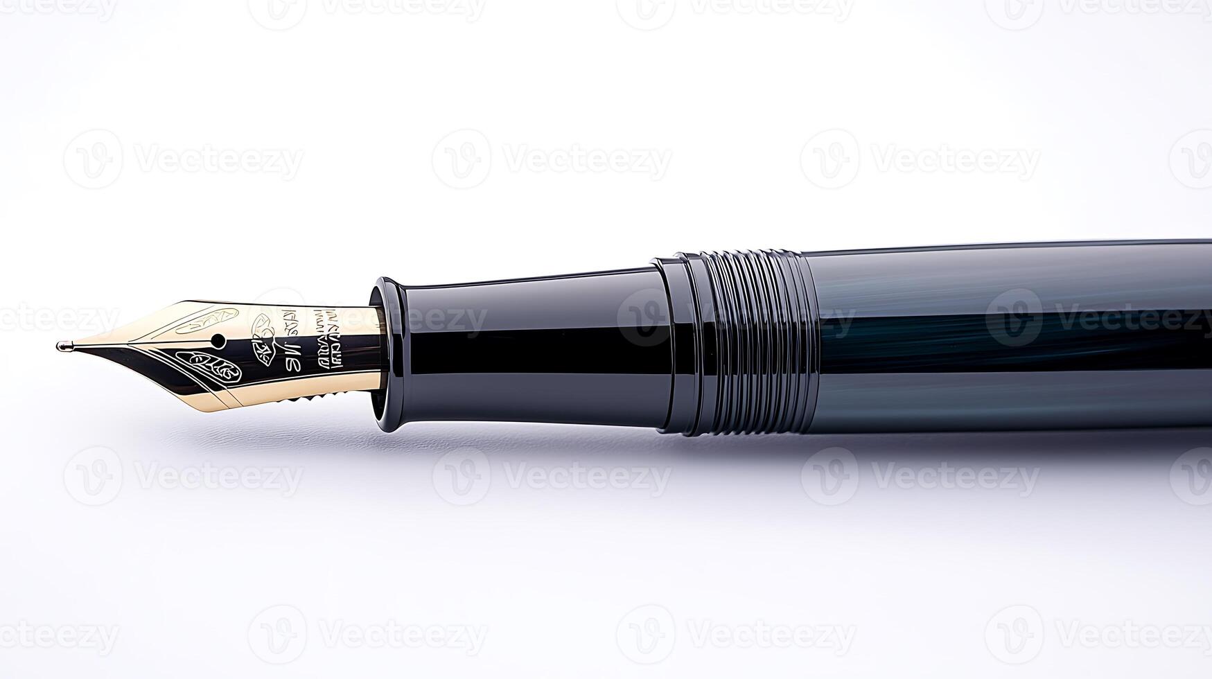 Close-up of a sleek fountain pen with a golden nib on a clean white backdrop photo