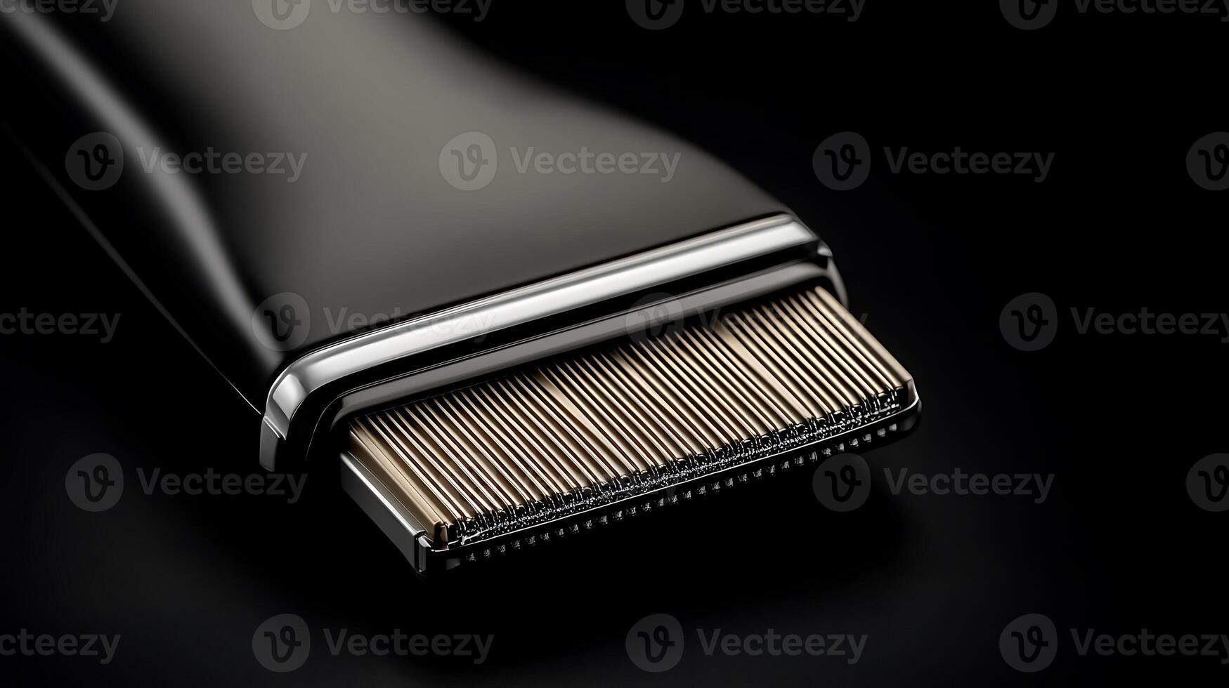 Close-up of a sleek grooming tool on a dark background, showcasing fine teeth for precision cutting photo