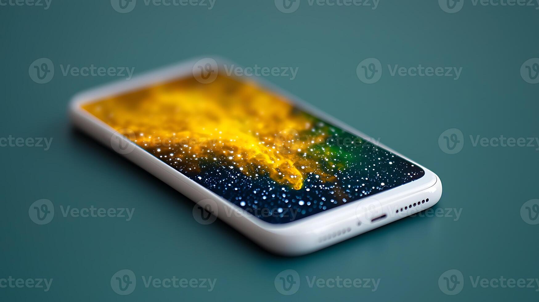 Close-up of a smartphone with a vibrant, abstract screen display, resting on a teal surface photo