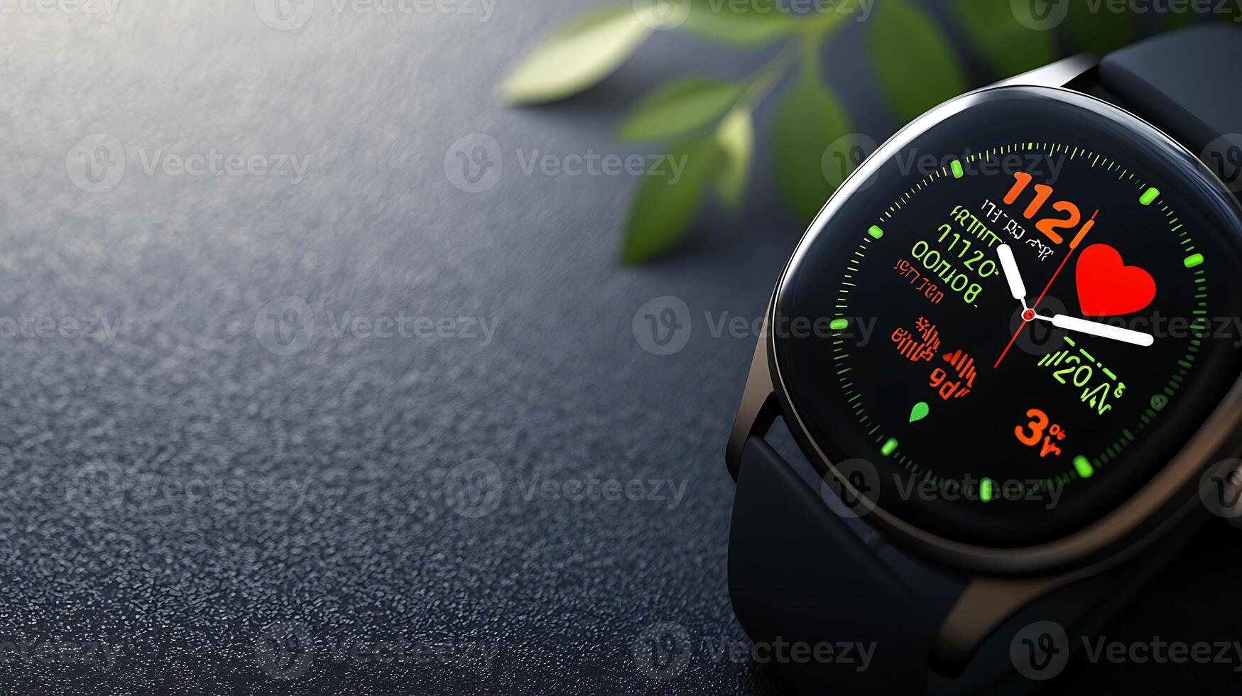 Close-up of a smartwatch displaying health metrics on a textured surface with greenery in the background photo