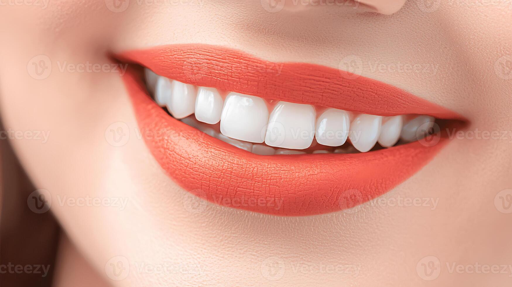 Close-up of a smiling person showcasing bright teeth and vibrant lipstick in a neutral setting photo