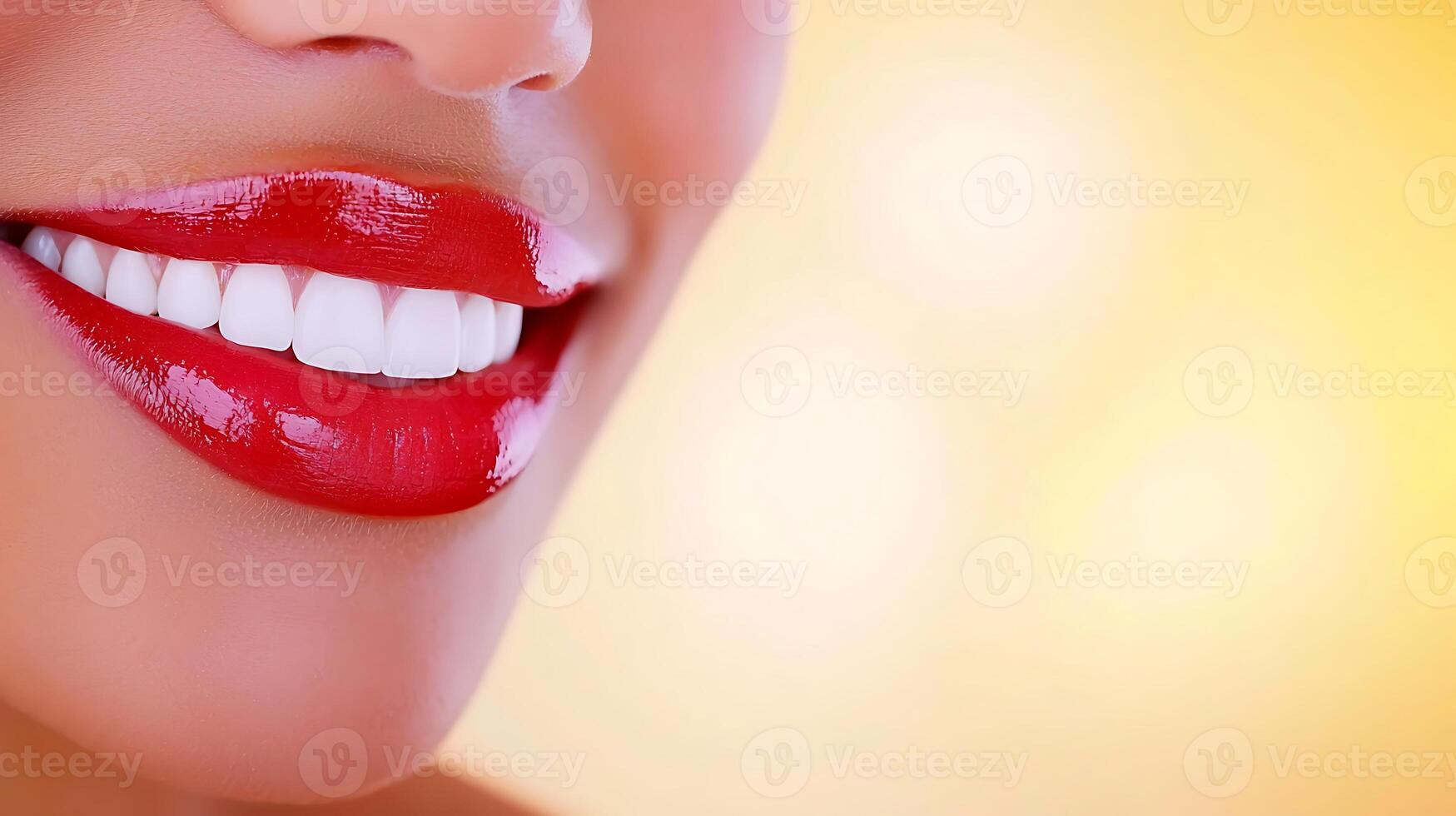 Close-up of a smiling woman showcasing bright red lipstick and perfect teeth against a soft background photo