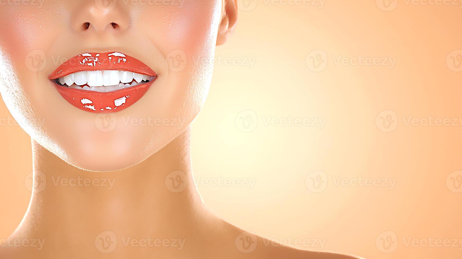 Close-up of a smiling woman showcasing glossy lips and bright teeth against a soft orange background photo