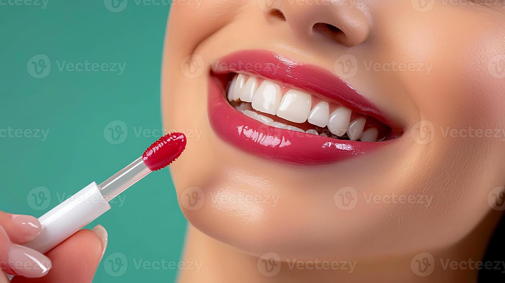 Close-up of a smiling woman applying vibrant red lip gloss against a teal background photo