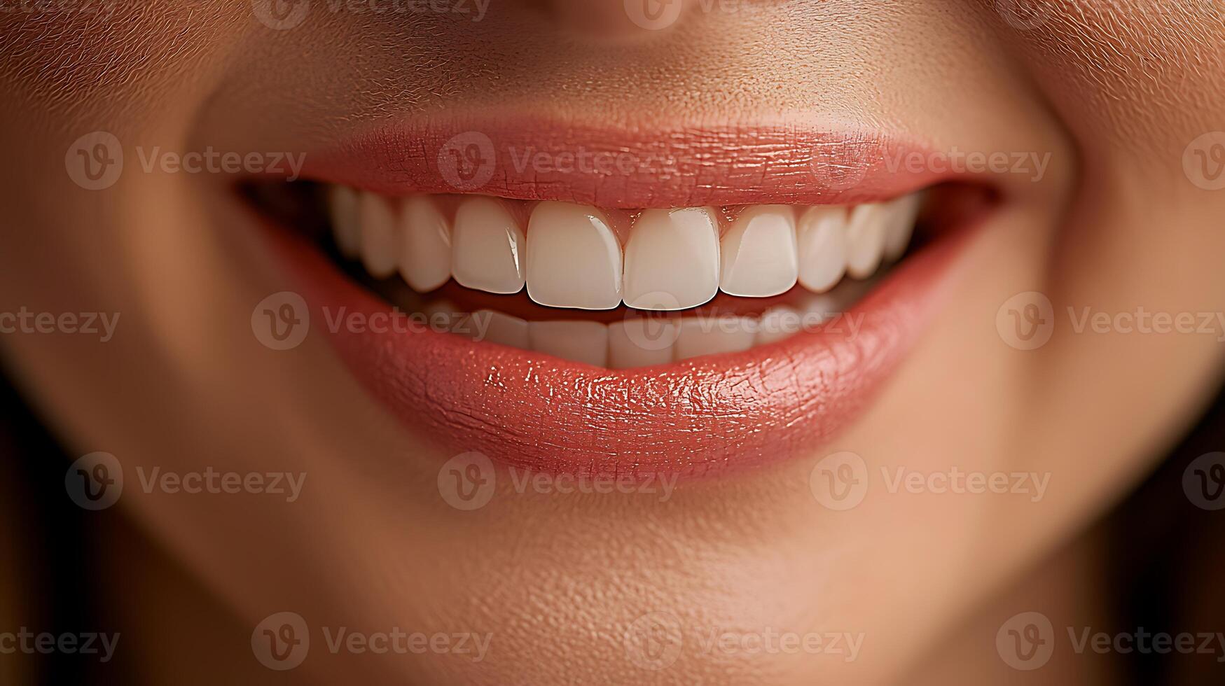 Close-up of a smiling woman showcasing her bright, healthy teeth against a soft background photo