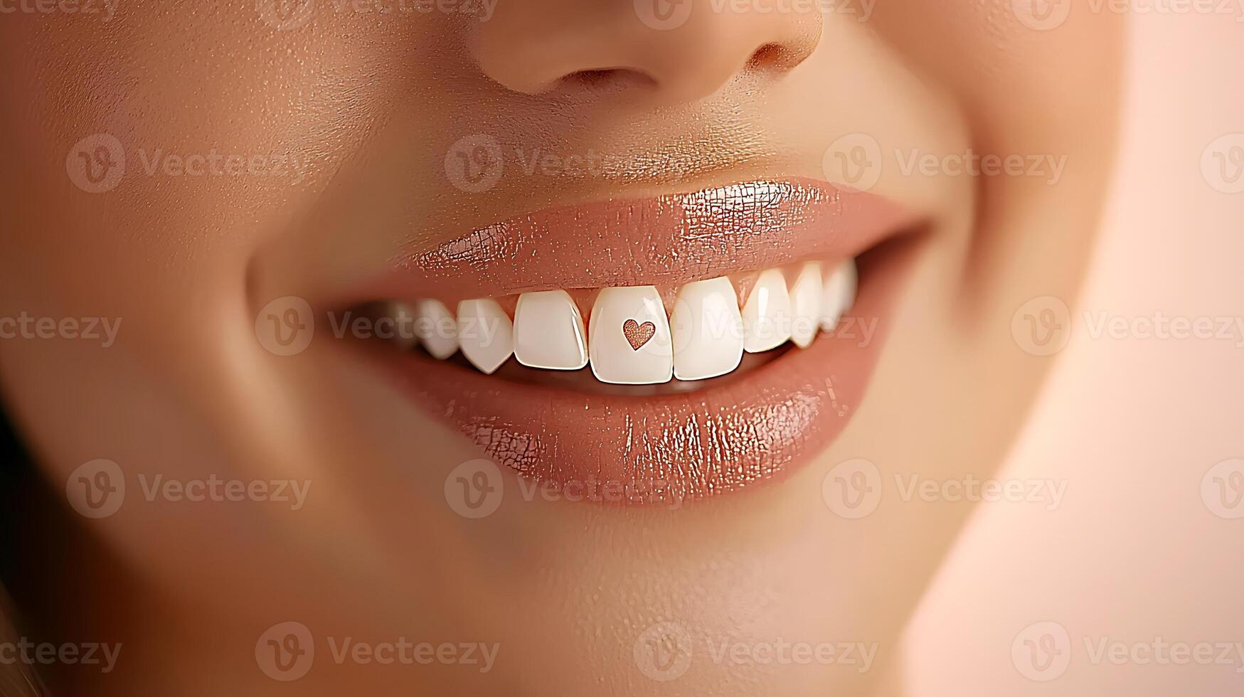 Close-up of a smiling woman showcasing her heart-shaped dental art against a soft background photo
