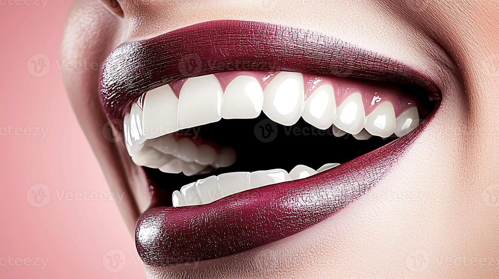 Close-up of a smiling woman showcasing bright white teeth and deep maroon lipstick against a pink background photo