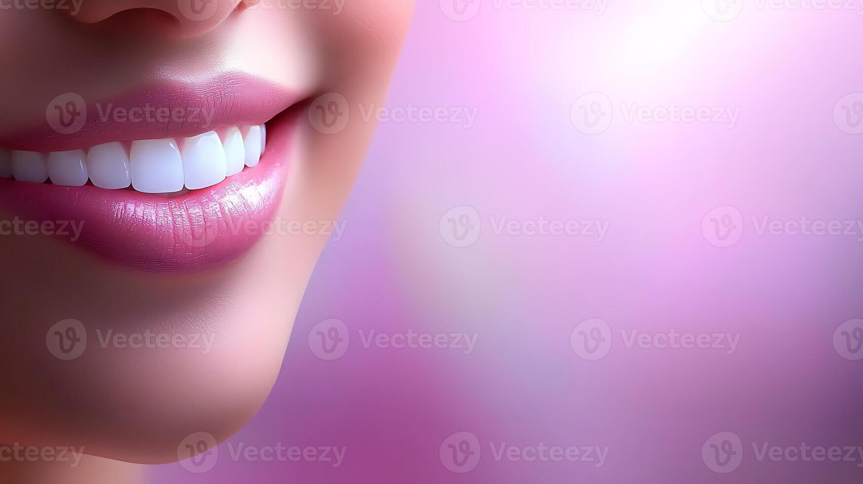 Close-up of a smiling woman's mouth with perfect teeth against a soft pink blurred background photo