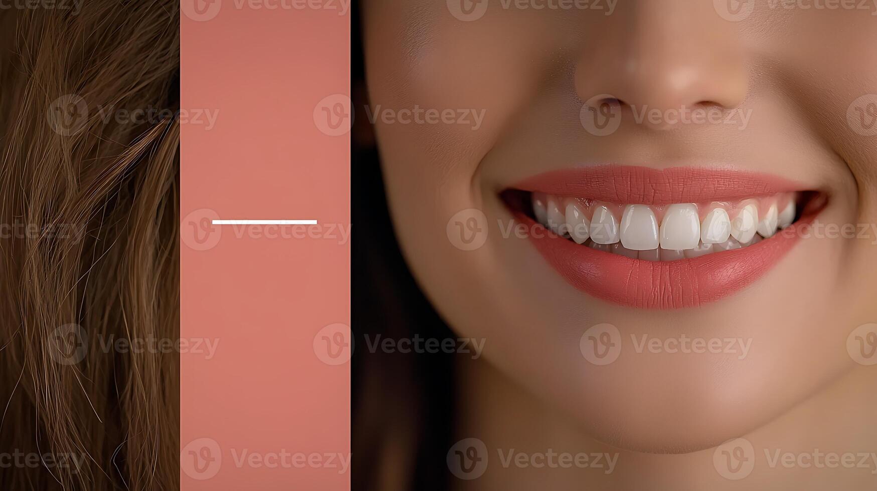 Close-up of a smiling woman with perfect teeth against a soft pink background, conveying happiness photo
