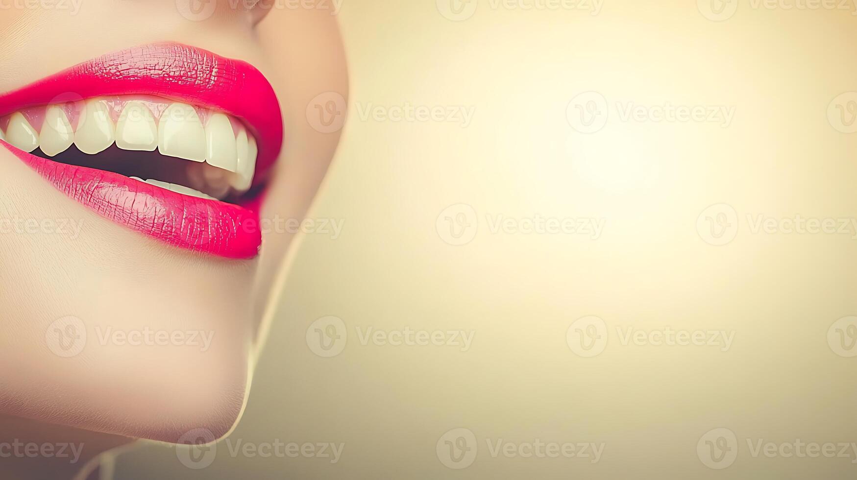 Close-up of a smiling woman with vibrant red lipstick against a softly blurred background photo
