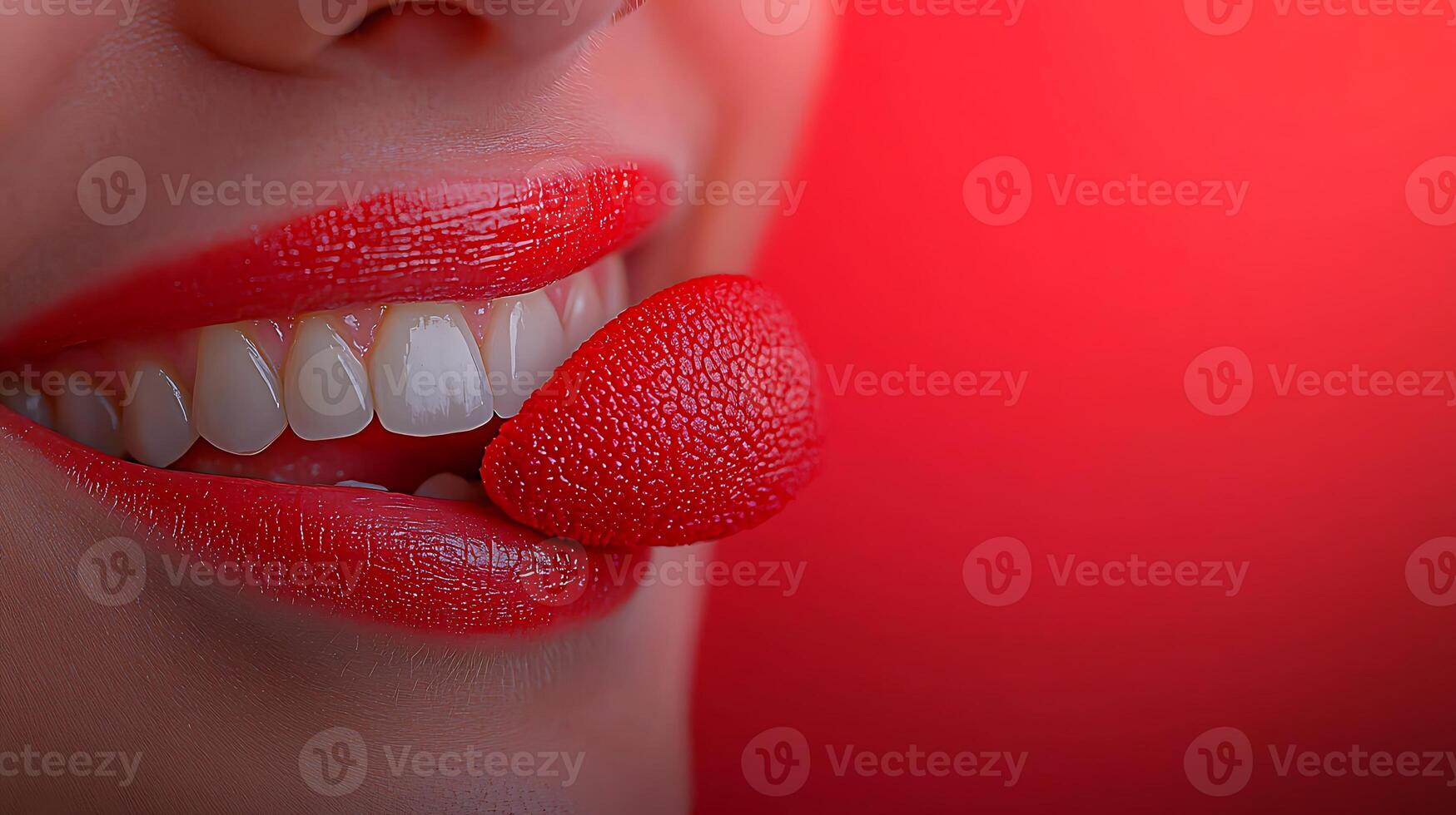 Close-up of a smiling woman with red lips playfully holding a strawberry, vibrant background photo