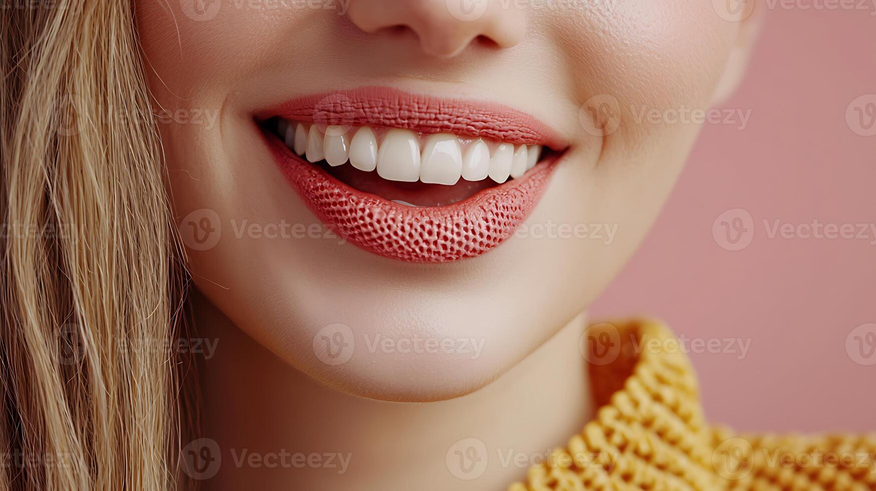 Close-up of a smiling woman with textured lipstick, showcasing her teeth against a soft pink background photo