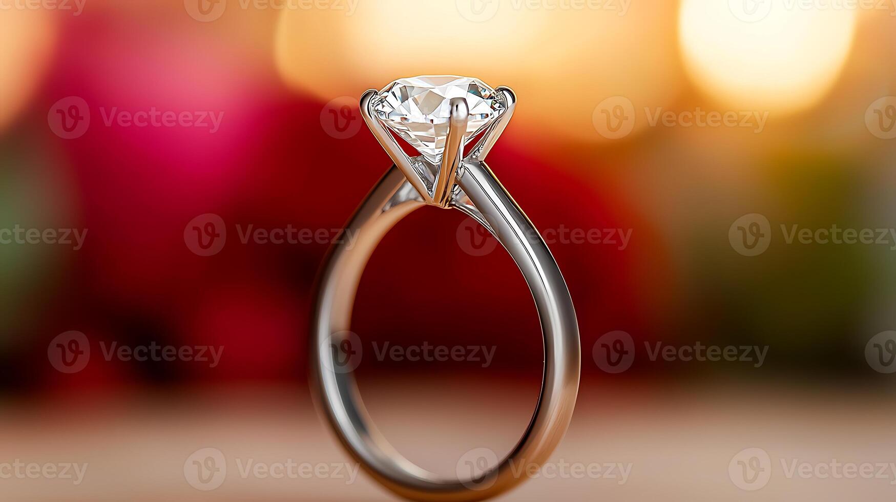 Close-up of a sparkling diamond engagement ring against a blurred floral background photo