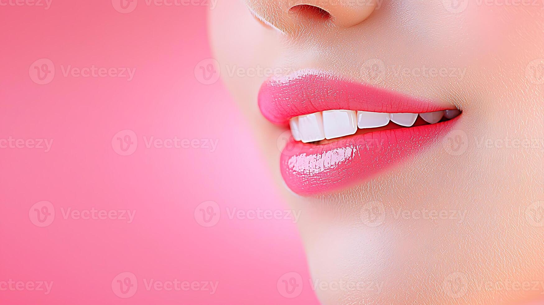 Close-up of a smiling woman's lips with pink lipstick against a soft pink background photo