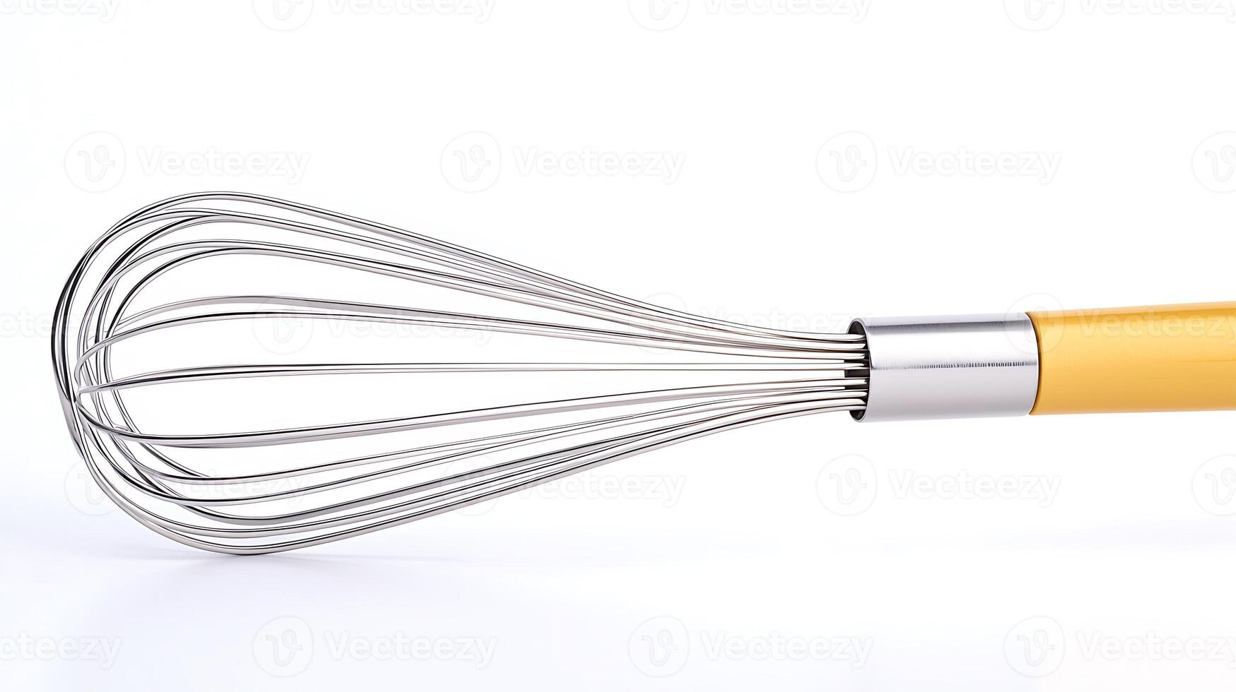 Close-up of a stainless steel whisk with a yellow handle against a white background, ideal for cooking photo