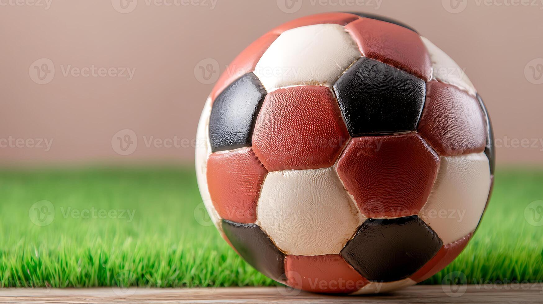 Close-up of a soccer ball resting on vibrant green grass with a soft background photo