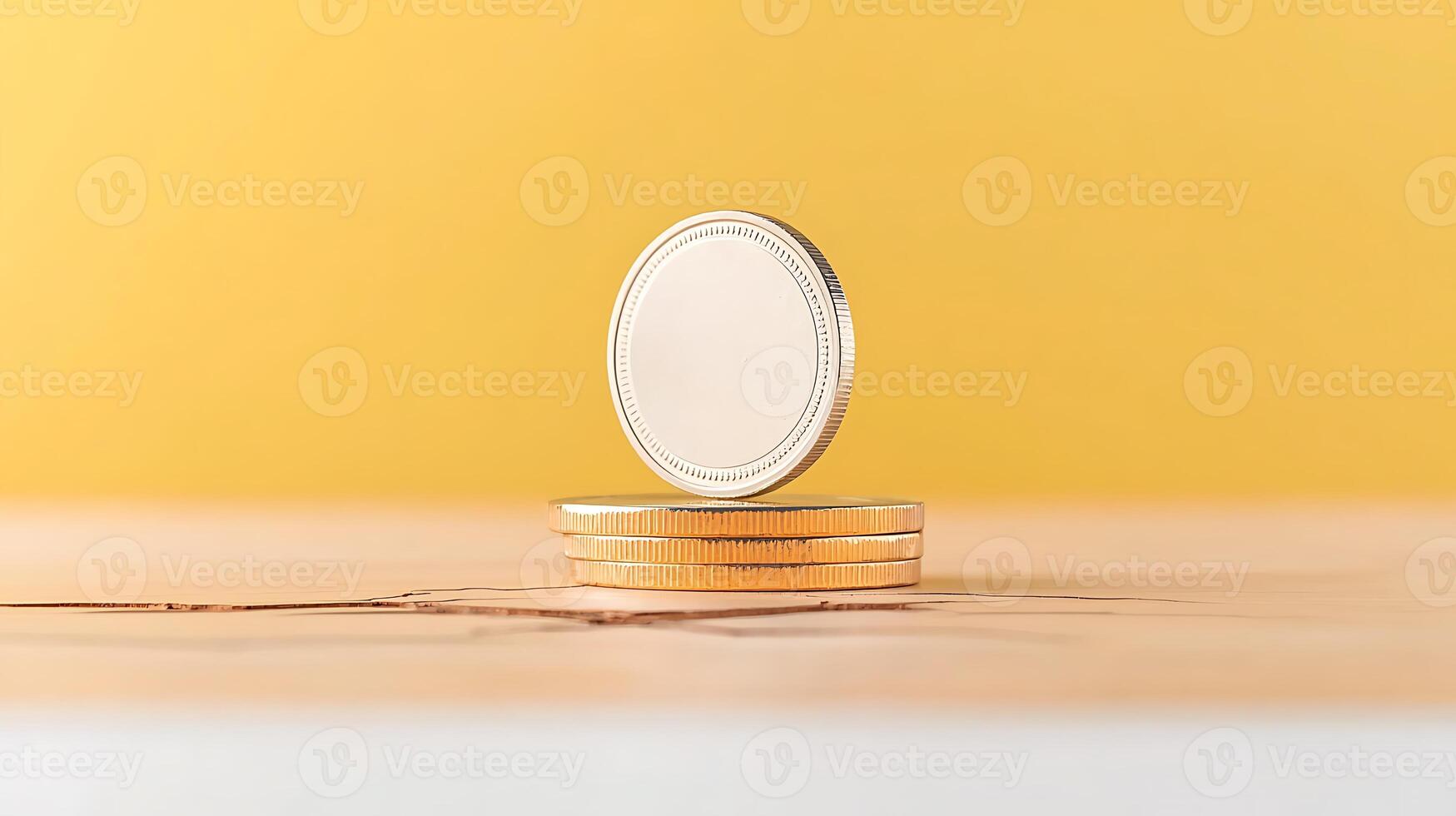 Close-up of a stack of coins with one coin balancing on top against a bright yellow background photo