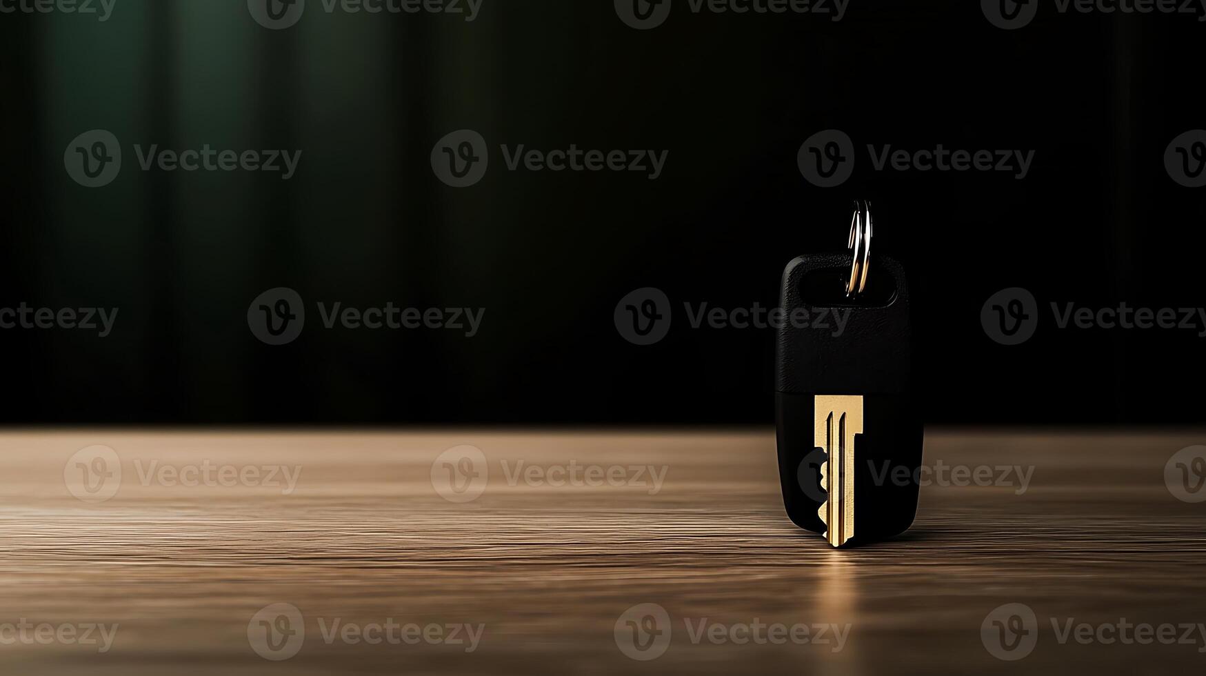 Close-up of a stylish key fob resting on a wooden surface with a blurred dark background photo