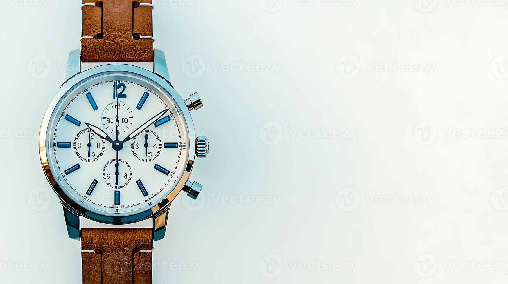 Close-up of a stylish chronograph watch with a brown leather strap against a light background photo