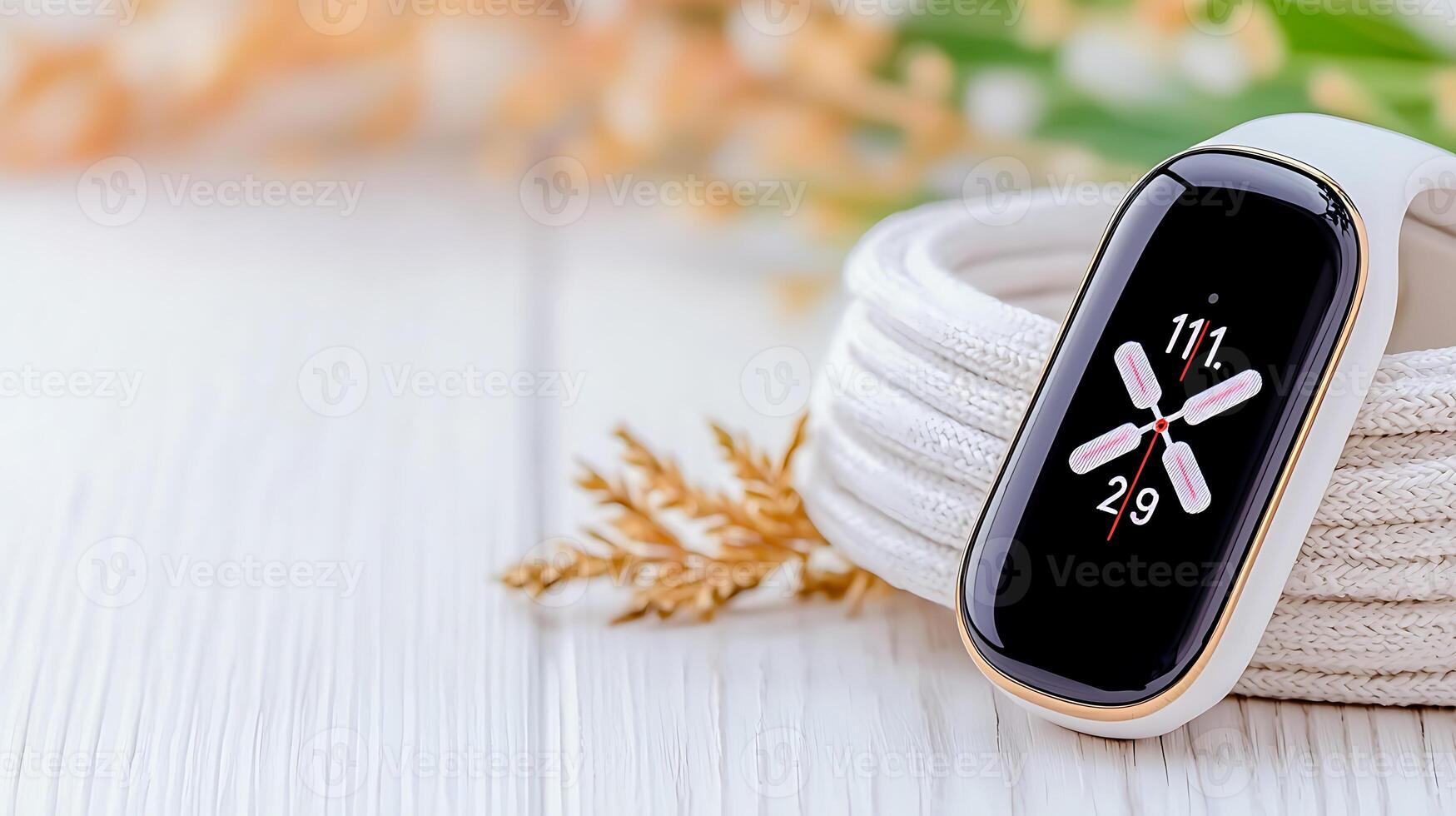 Close-up of a stylish fitness tracker on a wooden surface with floral background elements photo