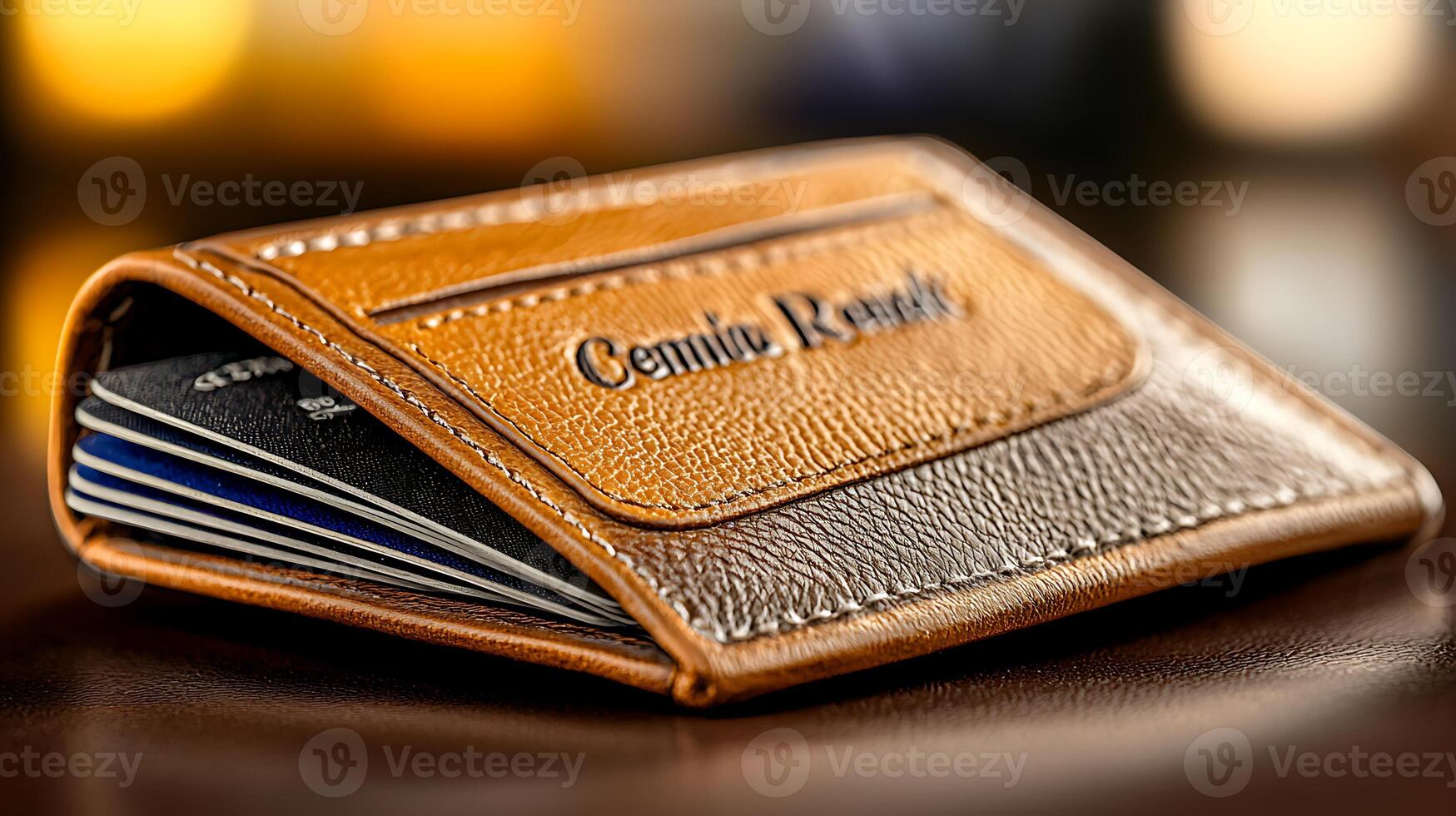 Close-up of a stylish leather wallet with credit cards, set against a blurred warm background photo