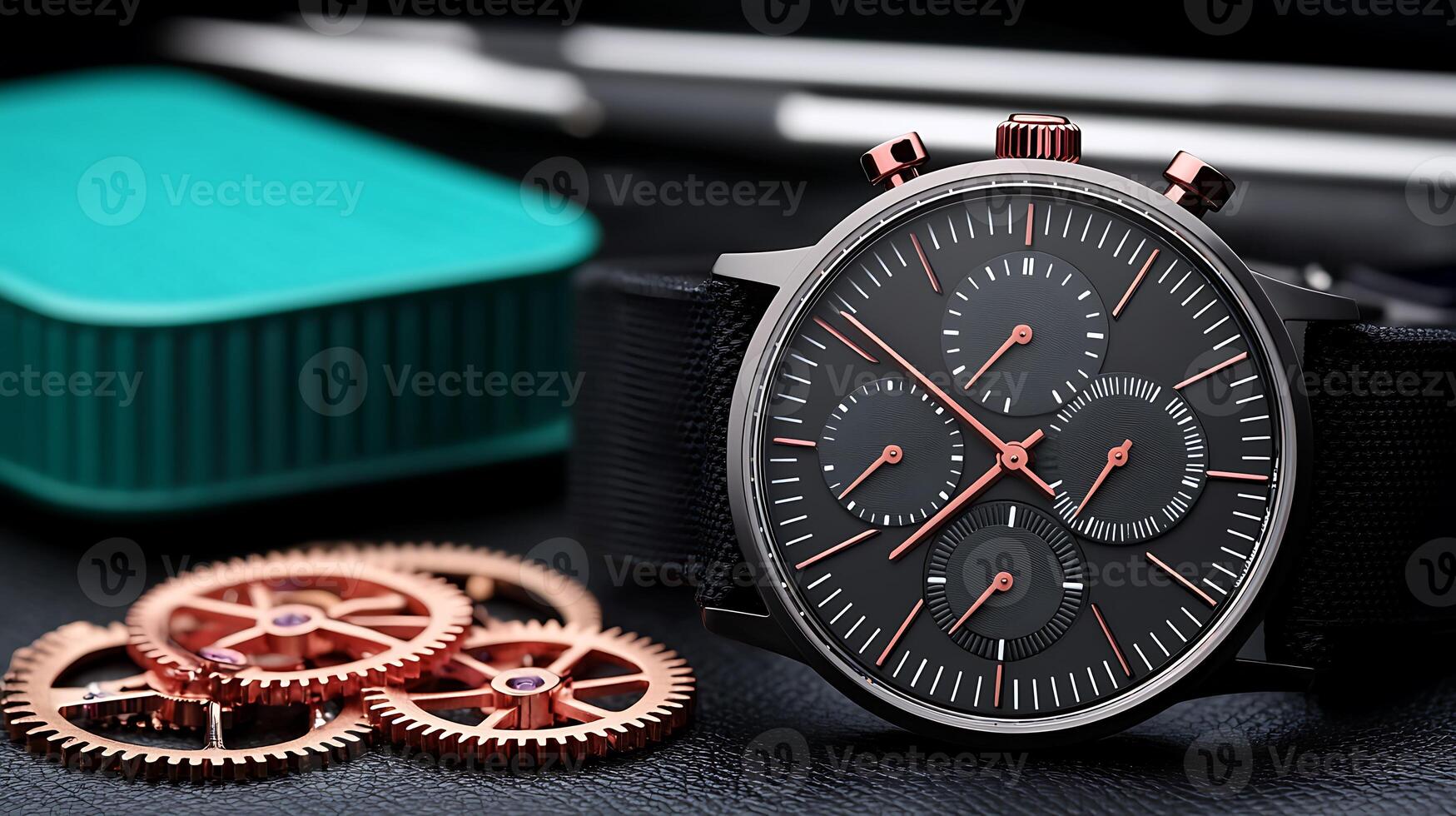 Close-up of a stylish black chronograph watch with intricate gears and tools on a dark surface photo