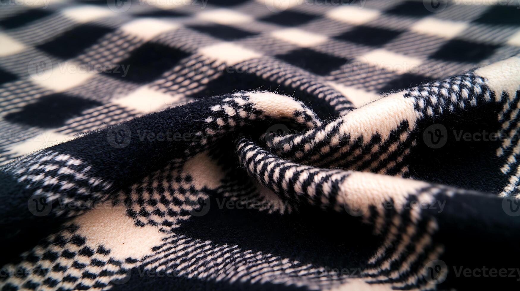 Close-up of a textured black and white checkered fabric showcasing its softness and folds photo
