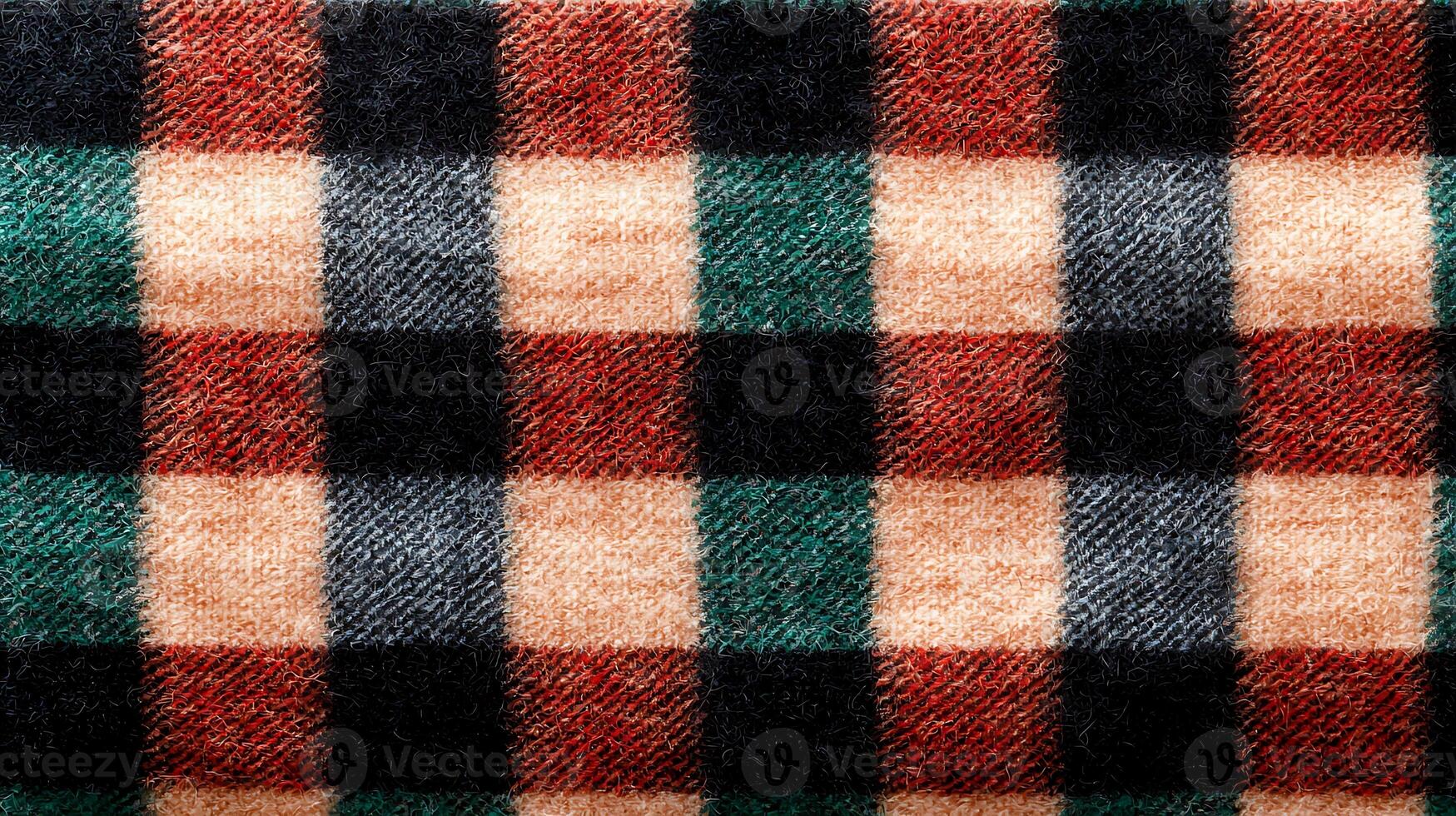 Close-up of a textured plaid fabric with vibrant colors and patterns, ideal for textile design photo