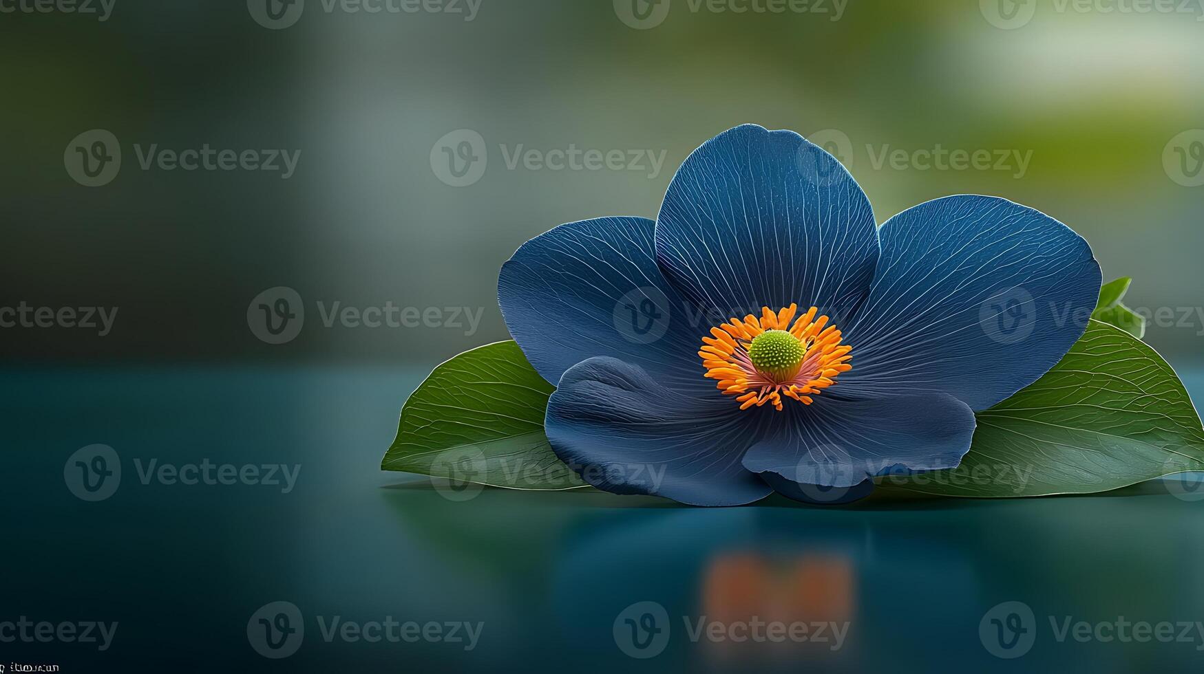 Close-up of a vibrant blue flower with orange center resting on a green surface in soft focus photo