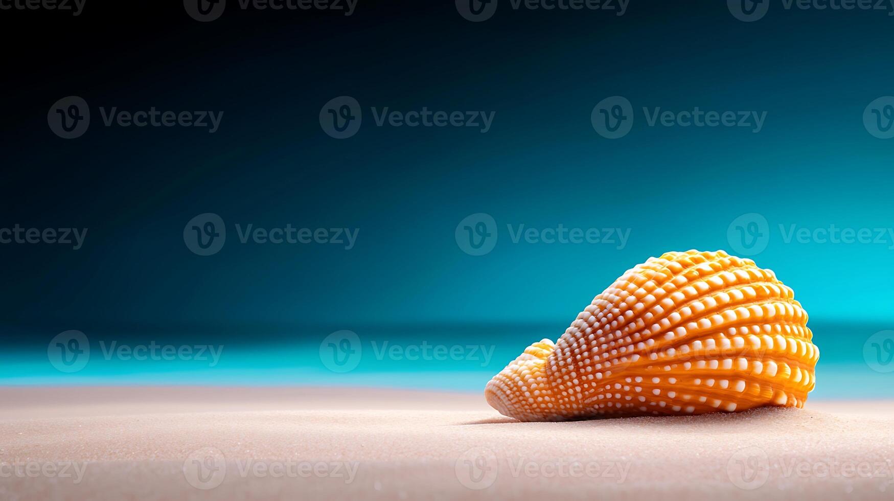 Close-up of a vibrant orange seashell resting on a serene beach with soft sand and calming ocean waves photo