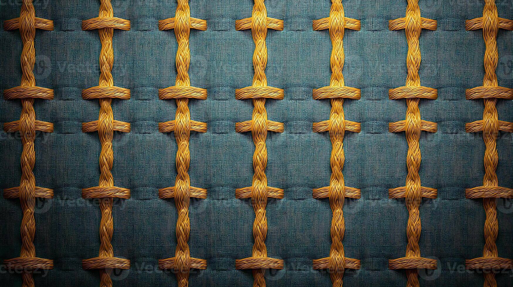 Close-up of a textured woven fabric with blue and yellow patterns, suitable for design use photo