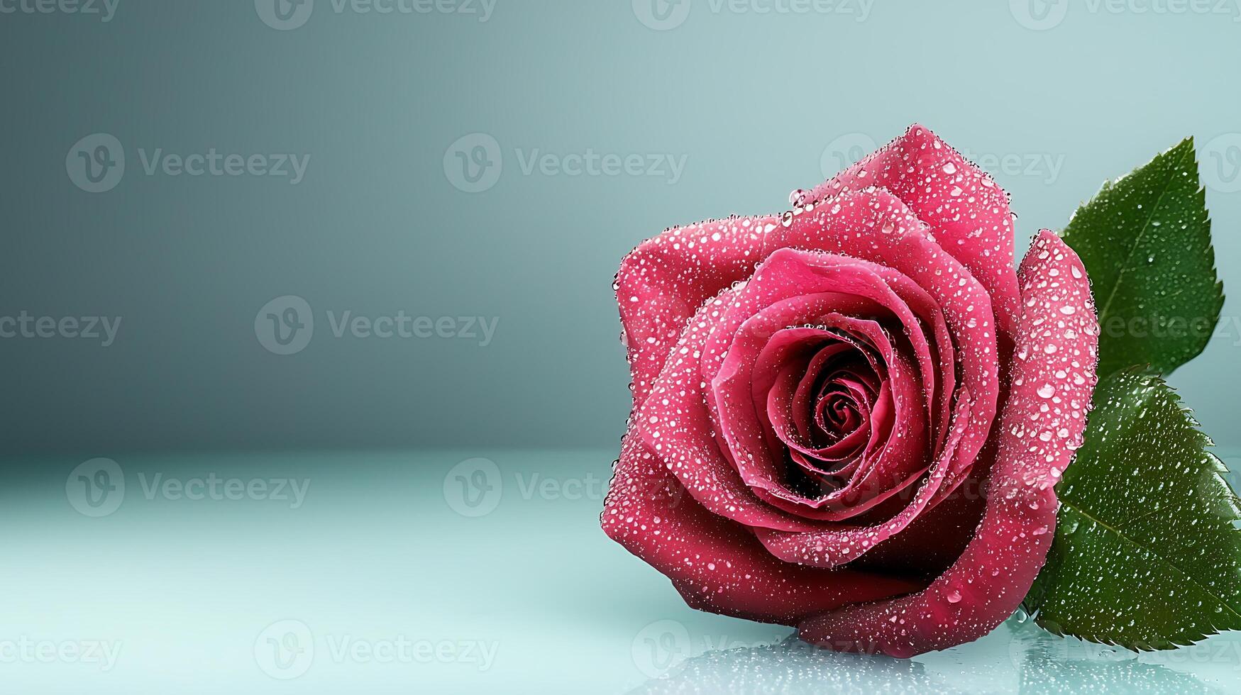 Close-up of a vibrant pink rose with dew drops against a soft gradient background photo
