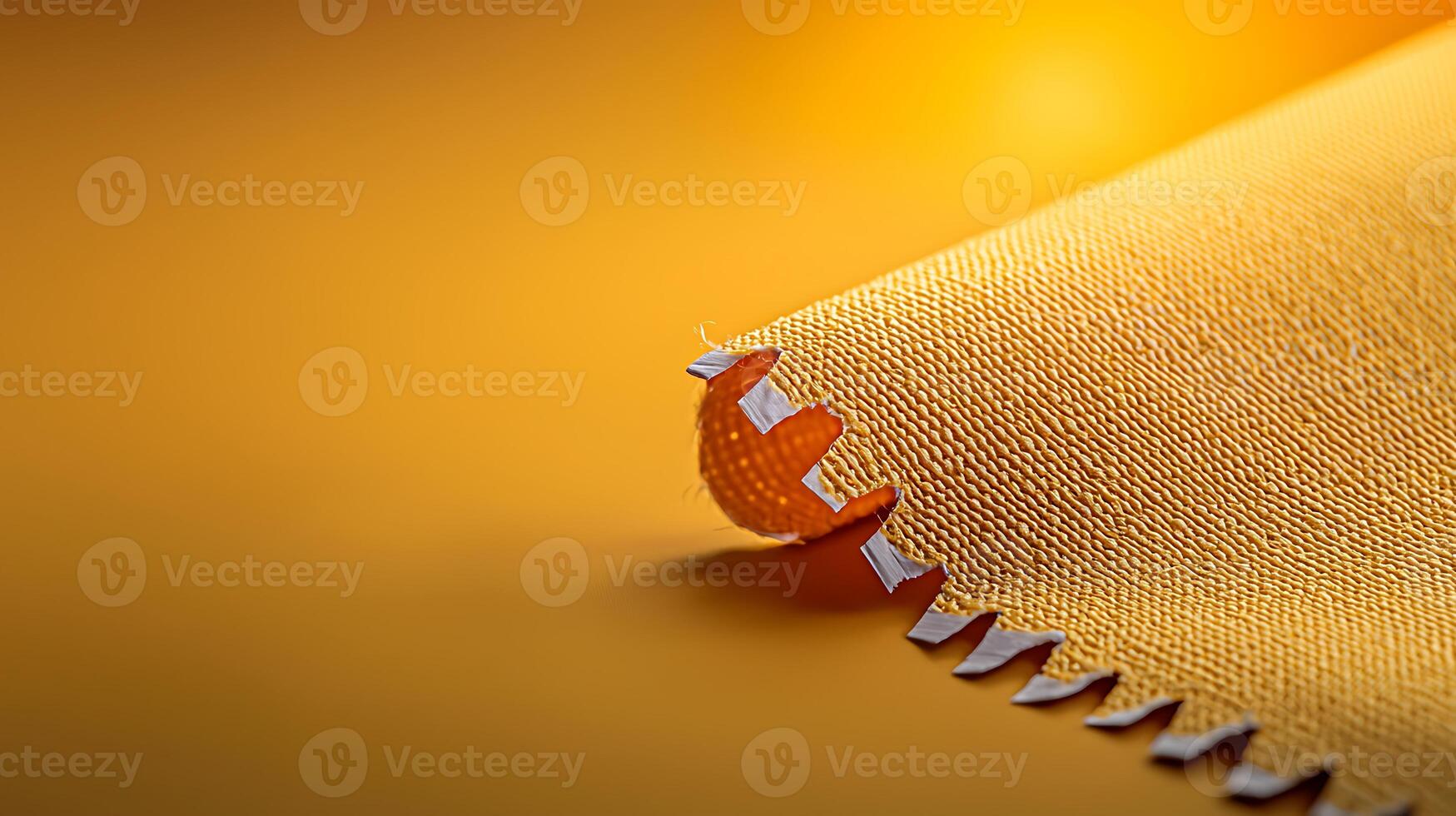 Close-up of a vibrant yellow fabric swatch showcasing texture and edge detail on a warm background photo