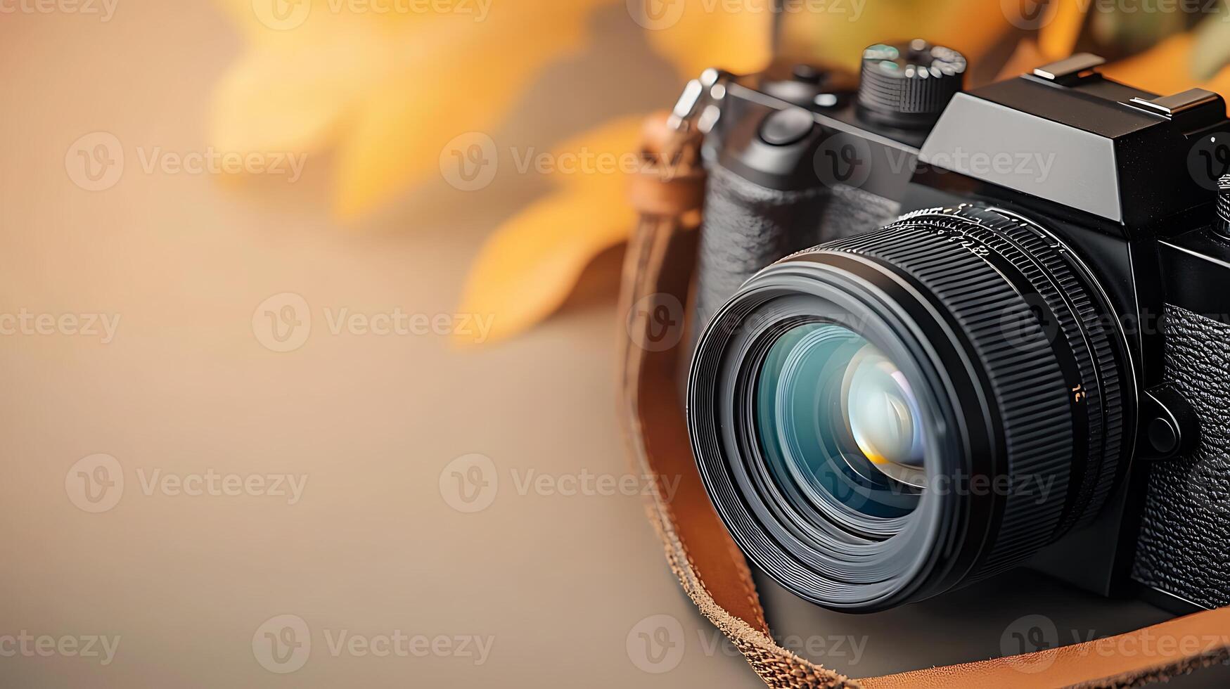 Close-up of a vintage camera on a soft surface surrounded by autumn leaves and warm lighting photo