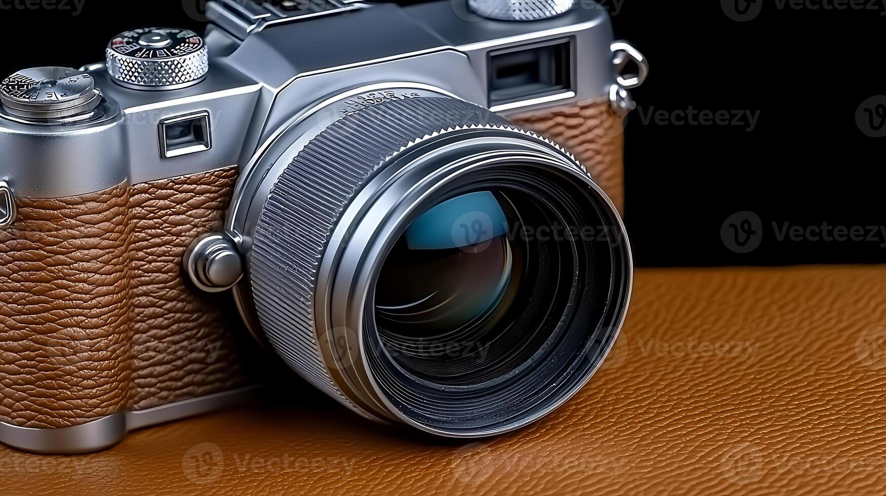 Close-up of a vintage camera with a sleek lens on a textured leather surface, showcasing craftsmanship photo