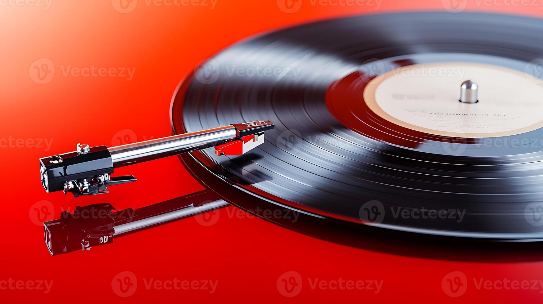 Close-up of a vinyl record spinning on a turntable against a vibrant red background photo