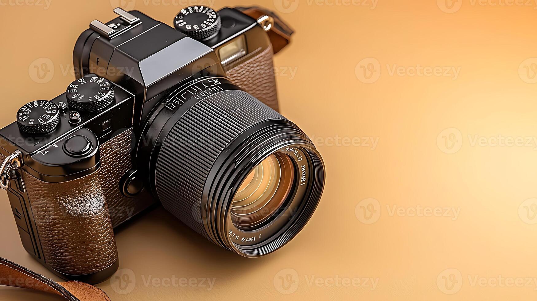 Close-up of a vintage camera on a warm gradient background showcasing its intricate design and details photo