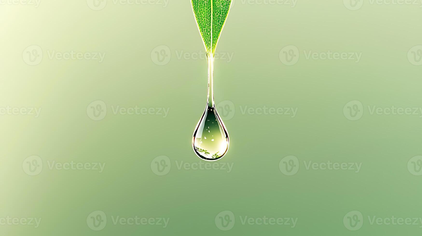 Close-up of a water droplet hanging from a green leaf against a soft gradient background photo