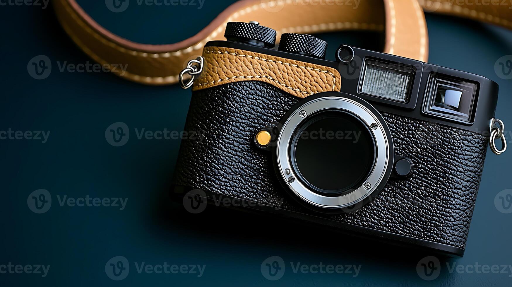 Close-up of a vintage camera resting on a dark surface with a stylish strap, evoking nostalgia photo