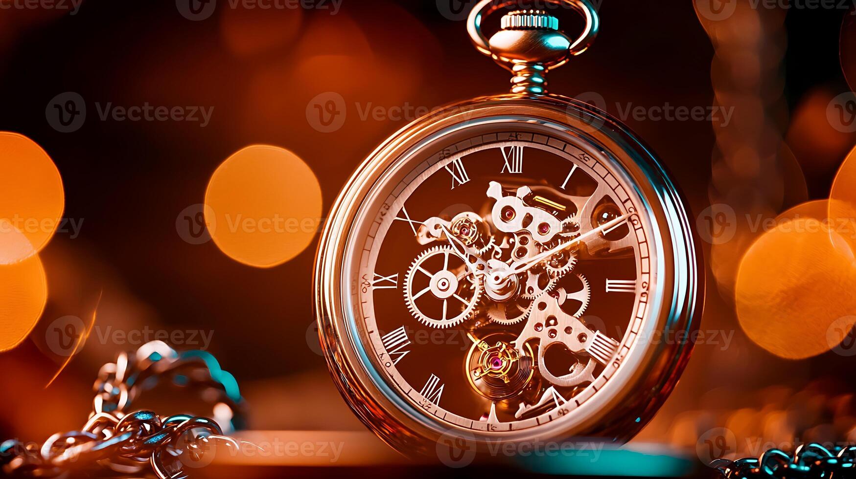 Close-up of a vintage pocket watch with intricate gears and glowing bokeh background photo