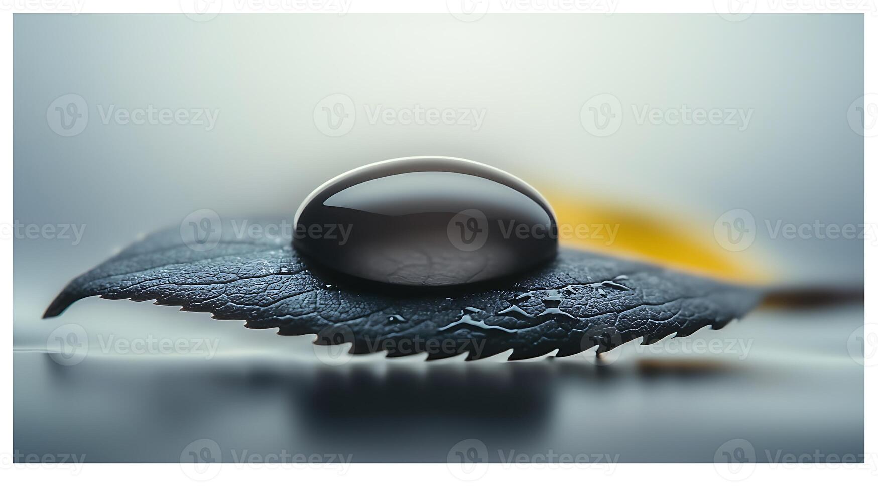 Close-up of a water droplet resting on a dark green leaf, with soft blurred background photo