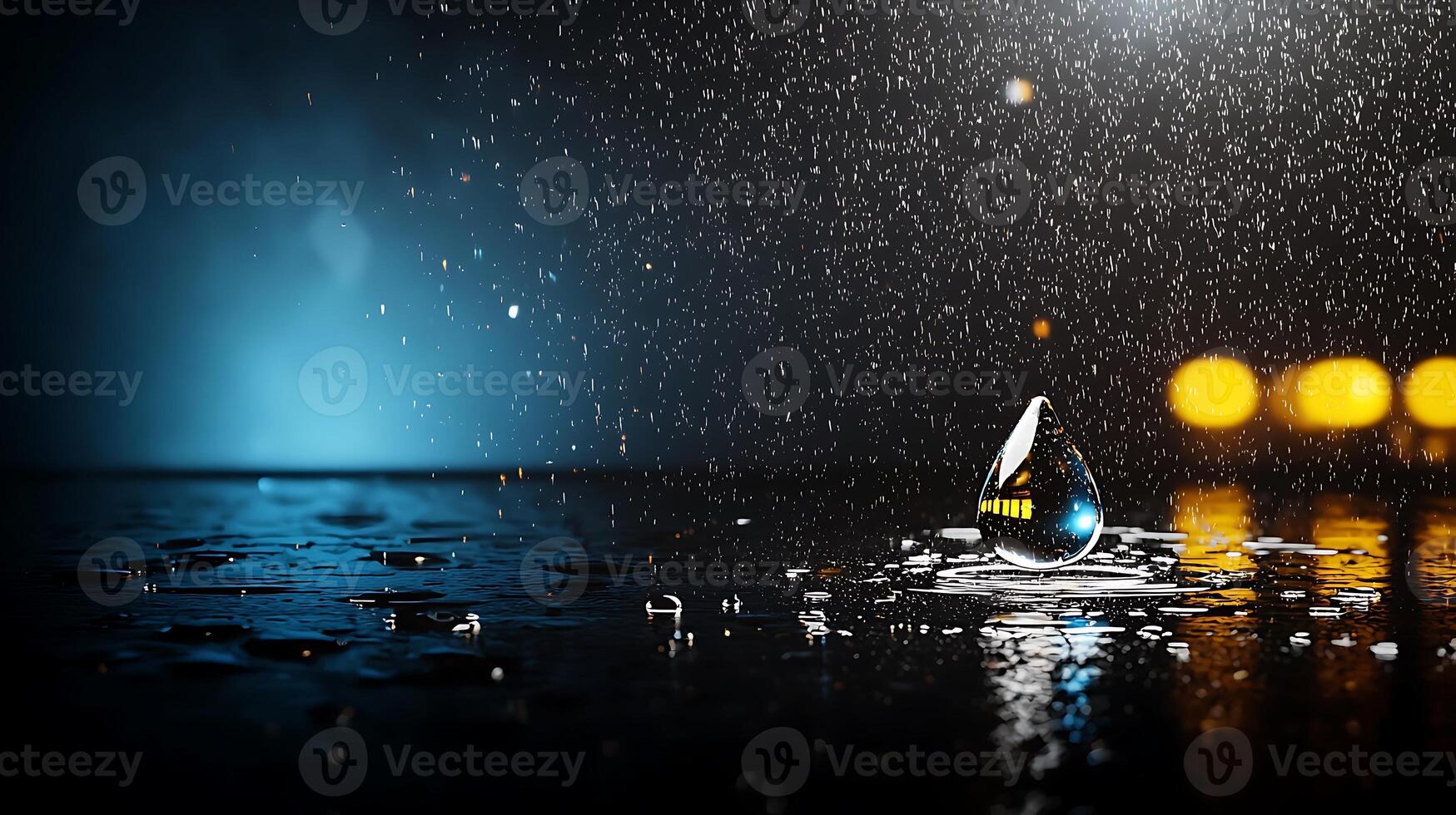 Close-up of a water droplet on a reflective surface during a rainy night with blurred city lights photo