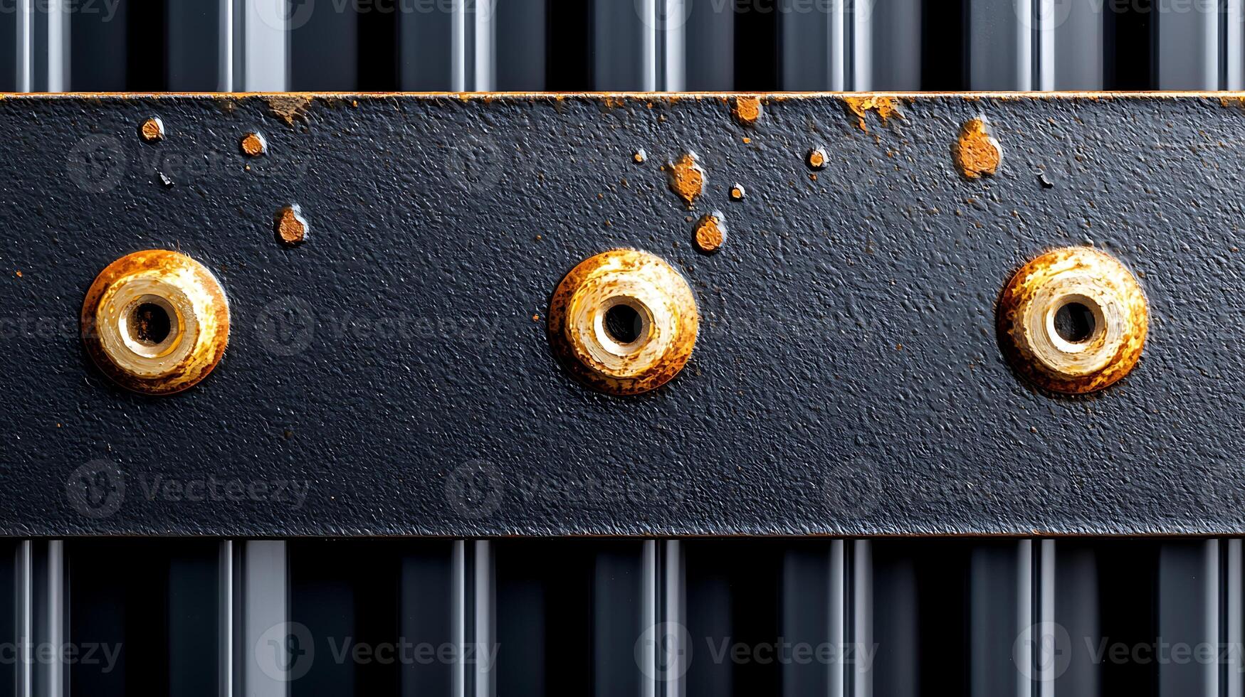 Close-up of a weathered metal panel with rusted bolts against a textured background photo