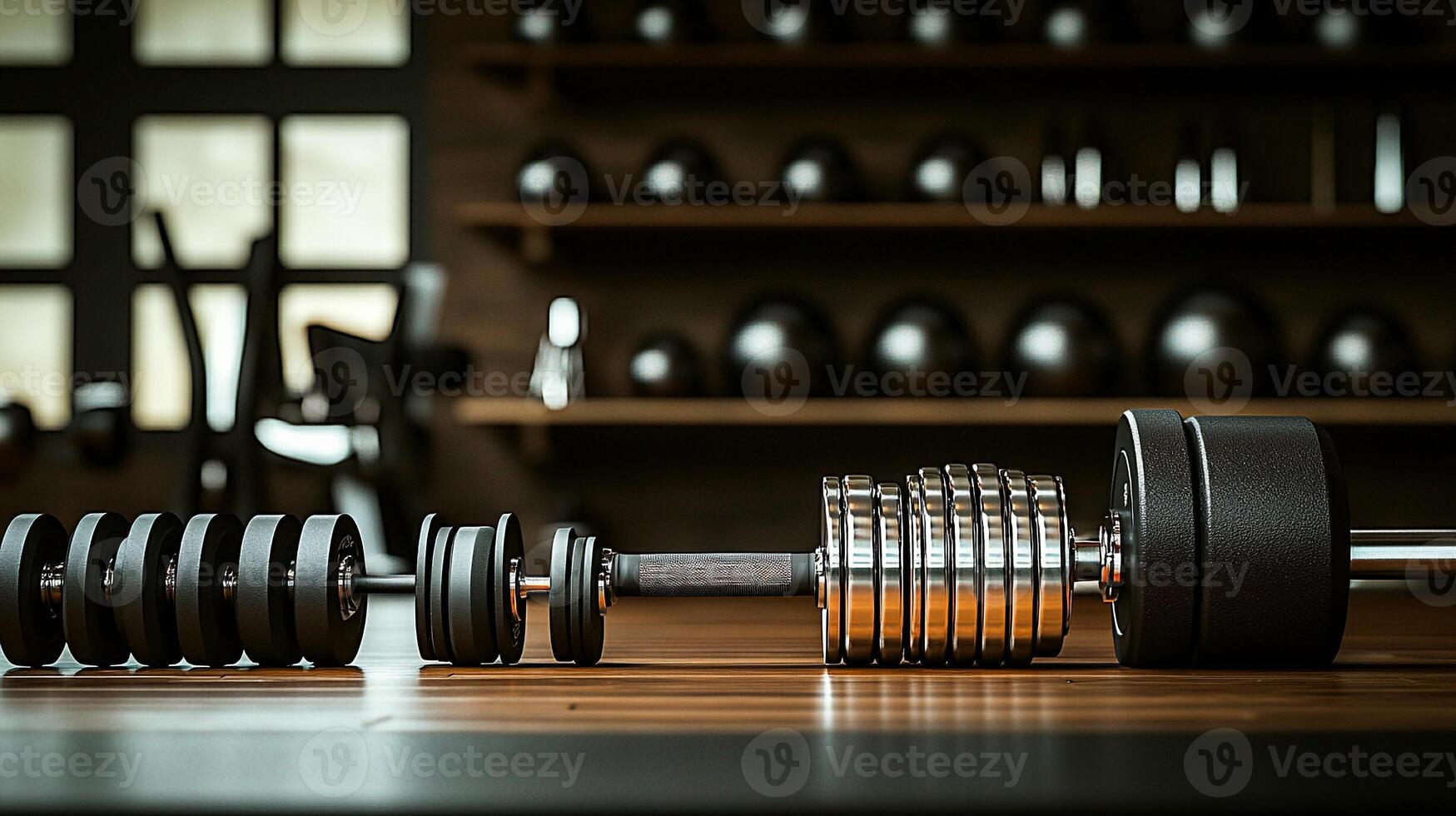 Close-up of a weightlifting barbell with adjustable weights in a modern gym setting photo